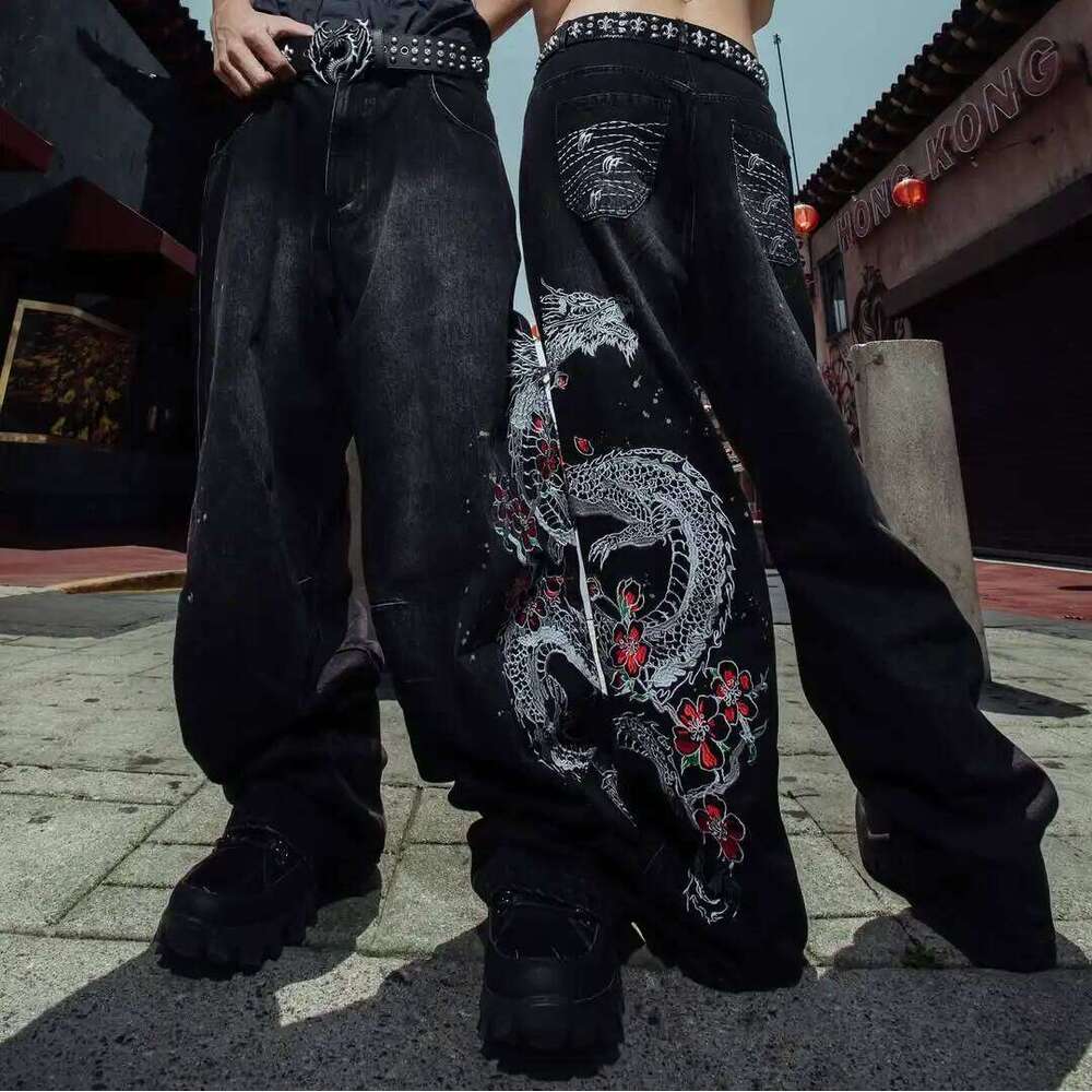 New Dragon Pattern Jeans American High Htreet Vintage Gothic Mens Straight Harajuku Korean Y2K Graffiti Wide Pants Z260227