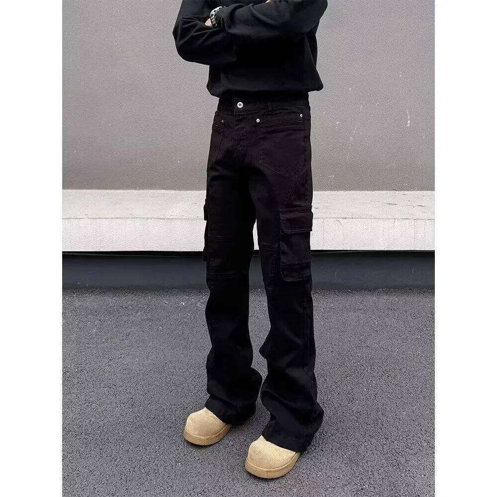 American style Vibe retro heavy industry multi pocket splicing workwear jeans men's straight tube micro flared slim fit long pan Z260227