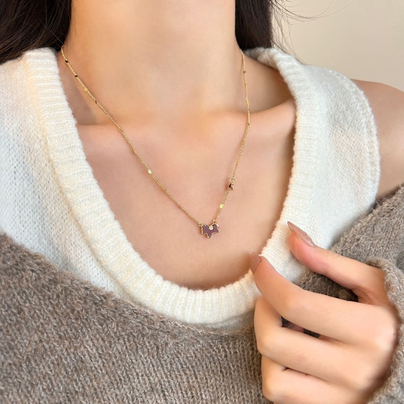 Festive Pony Pendant Necklace Gold Plated Red Enamel Heart Accent Clavicle Chain Women's Chic Daily Jewelry Gift-image-1103938064