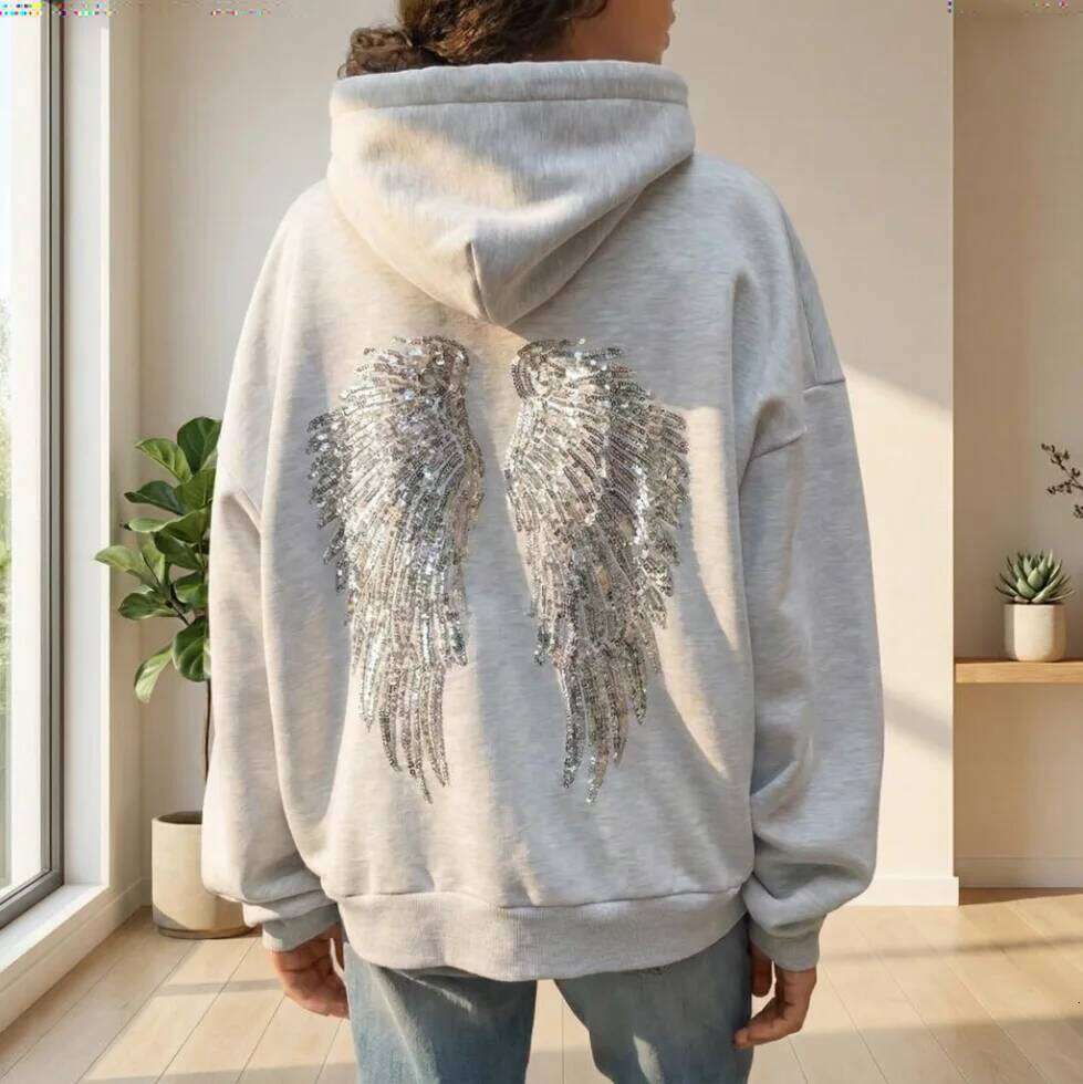 Y2K Trendy Femmes Gris Shimmer Angel Wings Surdimensionné Casual Pull Sweatshirt Rétro Mode Aile Brodé À Capuche H260923
