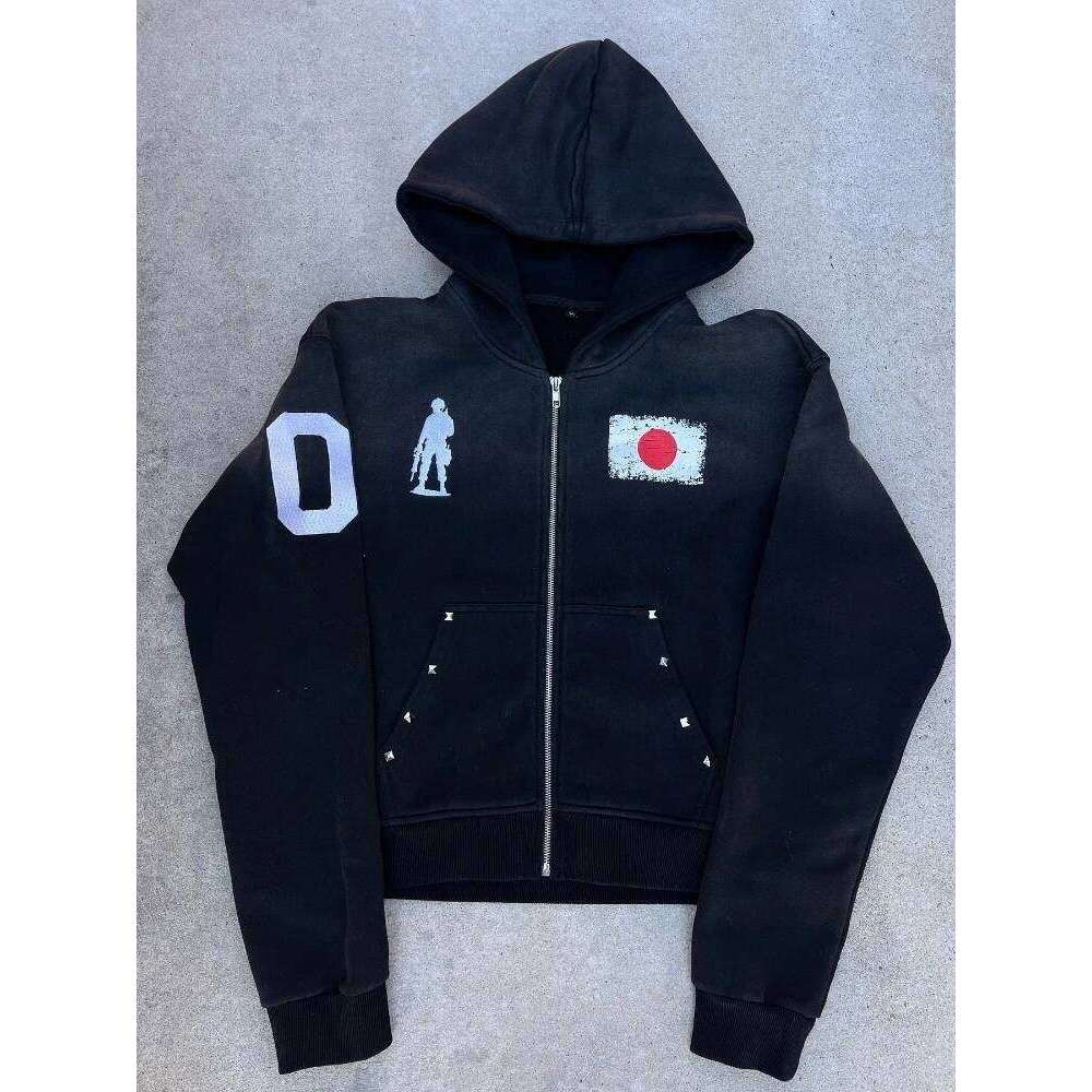 2025 autumn and winter hot diamond loose plush national flag design casual zipper hooded sweatshirt pants two-piece set trendy s Z260226