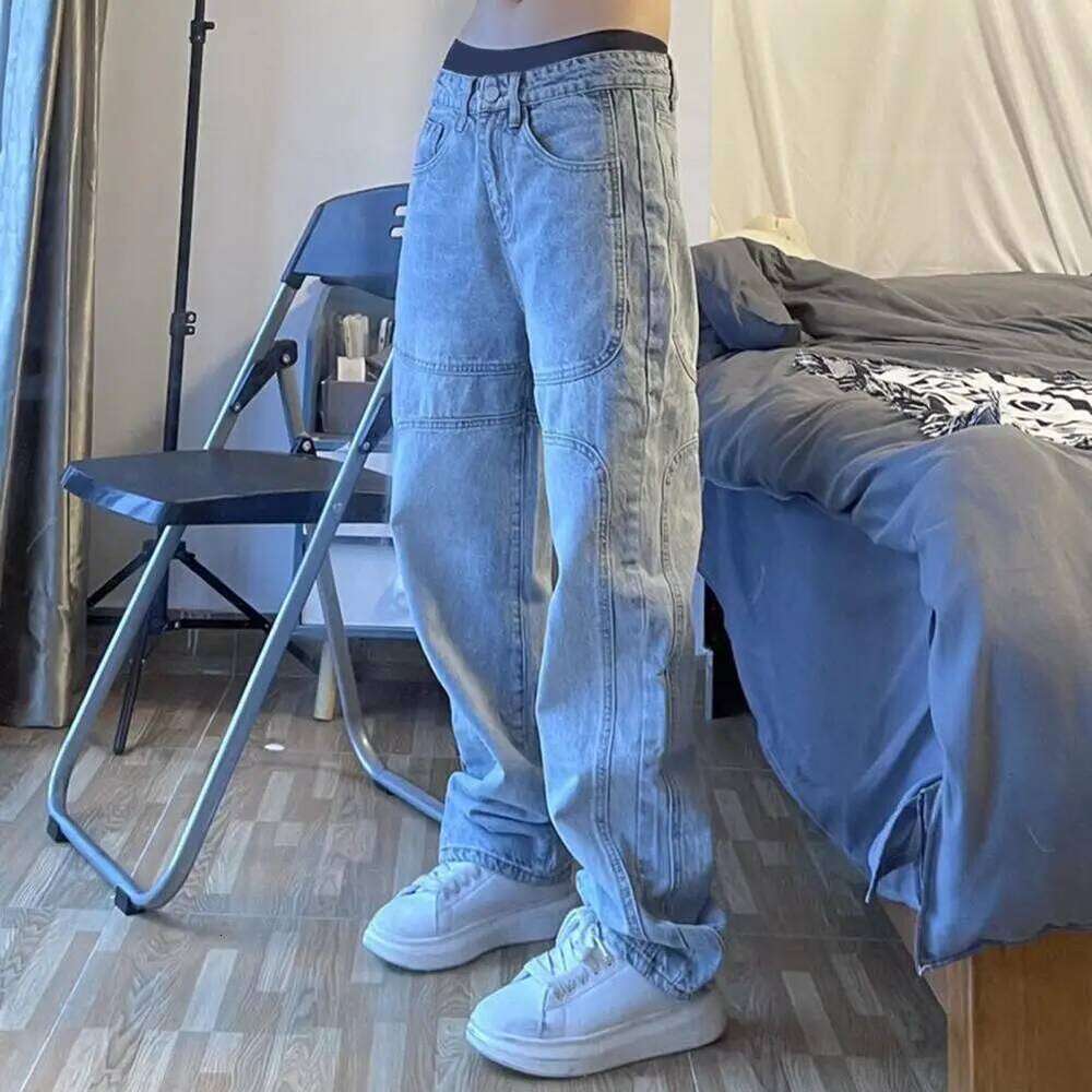 Men Stylish Men's Wide Leg Pants with Patchwork Design Mid Waist Fit Breathable Fabric Comfortable Long Z260227