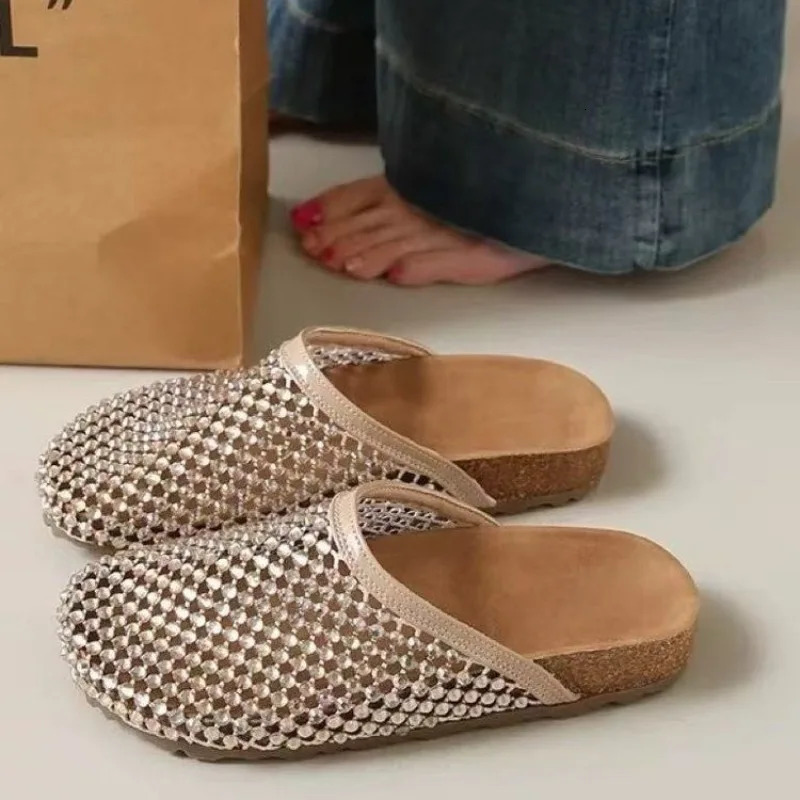 Super Water Full Diamond Shoes Fishing Net Toe Cover Half slippers Flat Lazy Womens Sandals 260204