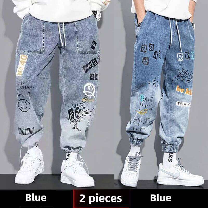 Korean Baggy Jeans Men 2024, Spray Paint Tapered with Cuffed Hem, Hip Hop Street Style Jogger Pants for College Students Z260227