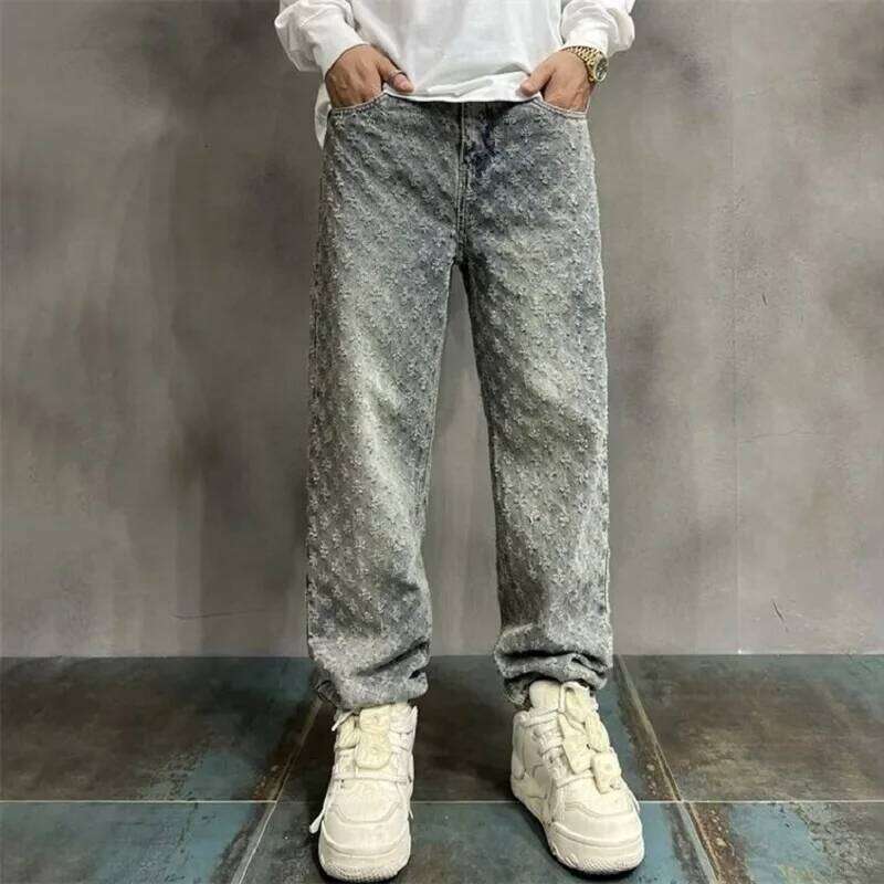 Jacquard All Over High Street Mens 2024 New Straight Lift Pattern Loose Wide Leg Casual Boyfriend Jeans Pants Tide Z260227