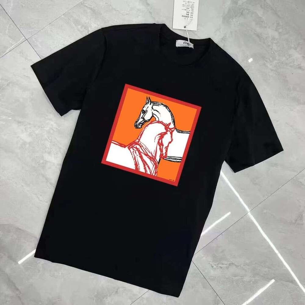New Design100% Pure Cotton Loose-Fitting Orange Double Horse Print Unisex Short-Sleeve T-Shirt, Couple 's Wear, American Retro High-End Men �