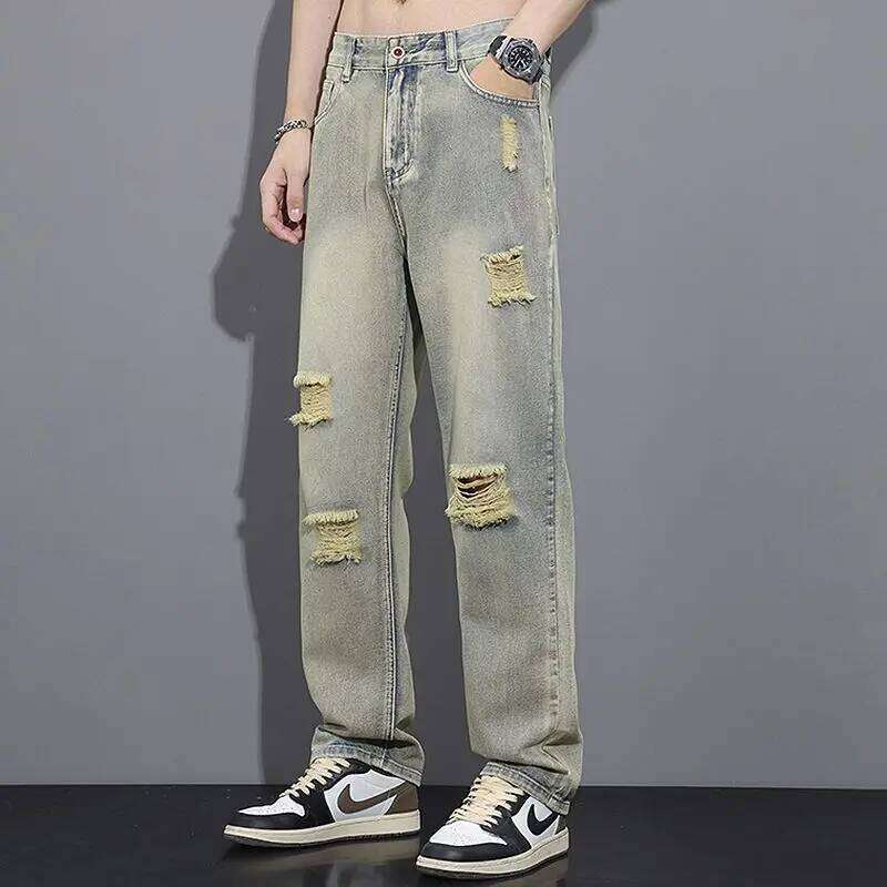 Summer New High Street American Vintage Distressed Jeans Men Button Zipper Pockets Trendy Loose Casual Wide Leg Straight Pants Z260227