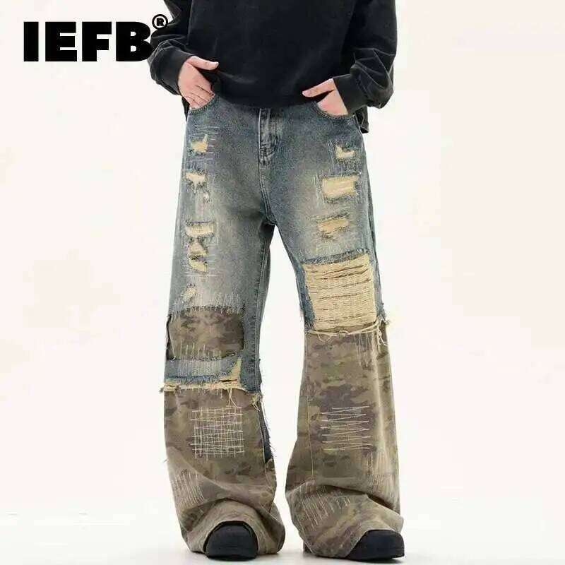 IEFB High Street Men's Jeans Crewel Embroidery Camouflage Patchwork Hole Design Niche Washing Baggy Male Denim Pants New 9W940 Z260227
