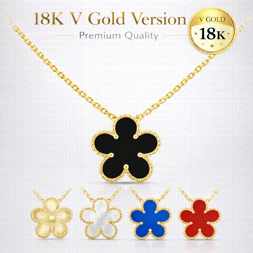 Premium 18K V Gold Edition 5-Leaf Flower Pendant Necklace, Long-lasting Shine High Quality Jewelry for Women, Luxury Designer Style Gift