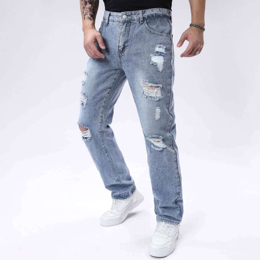 Pantalon en Denim déchiré bleu clair, jambe droite, Non élastique, nouveau Style décontracté et confortable, vêtements pour hommes Z260227