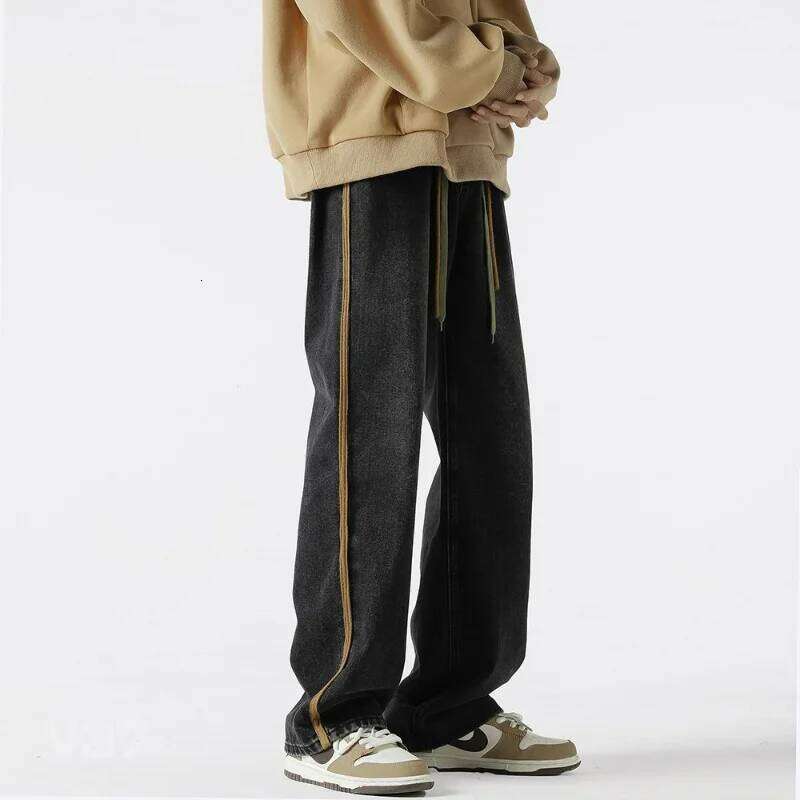 American High Trend Fashion Street Wide Jeans Men's Drawstring Pocket Patchwork Folds Washed Casual Loose Straight Pants Z260227