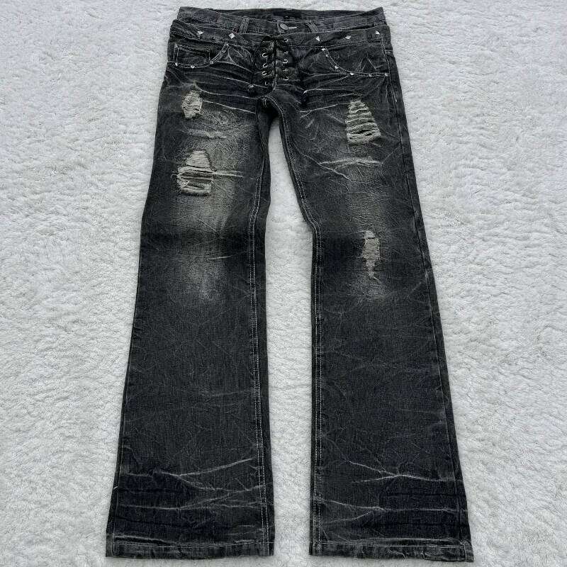 Y2K Retro Damaged Washed Holes Gothic Style Jeans High Quality Trend Double Waisted Add Nails Men Women Long Flared Pants Z260227