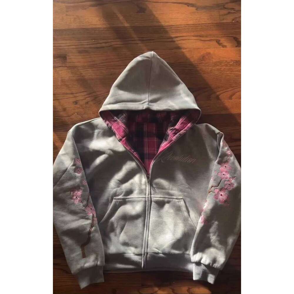 Y2K Vintage Cherry Blossom Embroidery Zipper Hoodie Harajuku Loose Reversible Simple Grid Jacket Men Women Pink Coat Streetwear Z260226