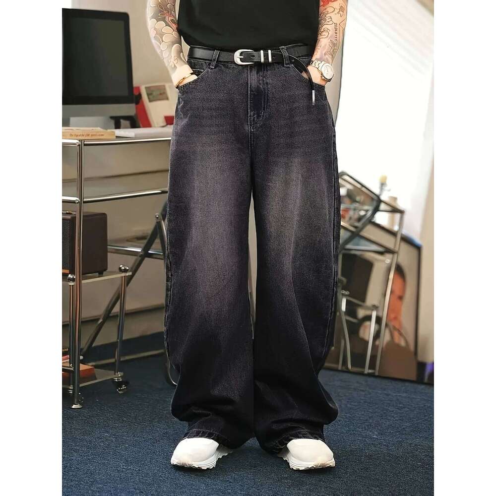 1Pc Men's Daily Travel Casual American Loose Jeans, Black, Light Blue, Sea Blue Fashion Street Style Retro Lantern Jeans Denim Pants Z260227