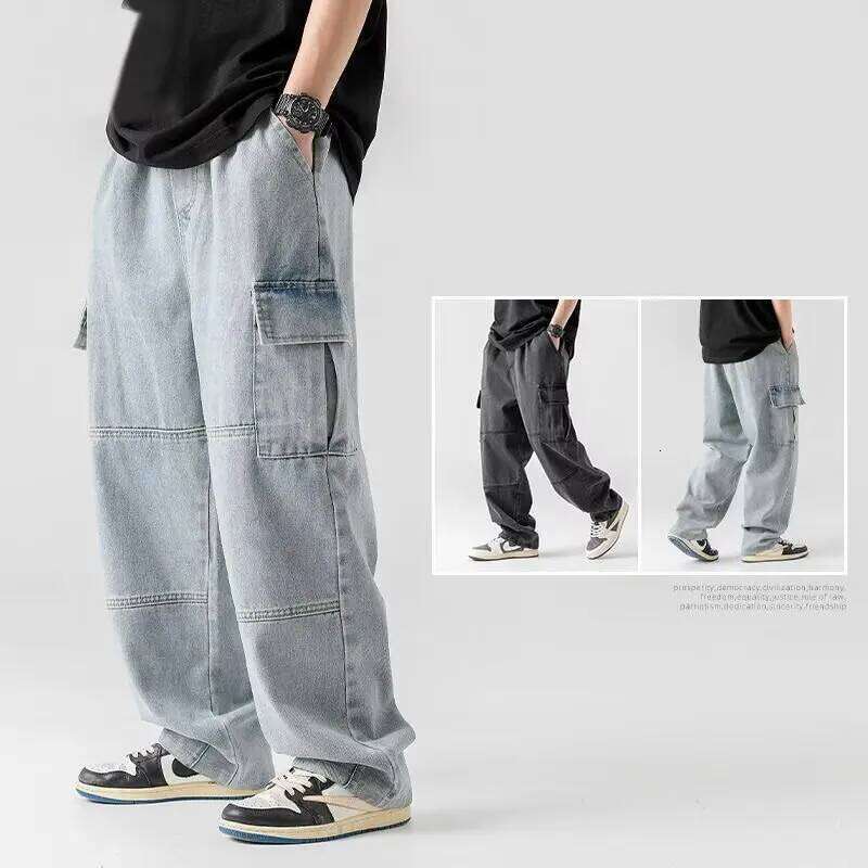 Loose Straight Long Trendy Washed Men New Elastic Waist Spring Autumn Youth Popular Fashion Jeans Big Pocket Cargo Pants Z260227
