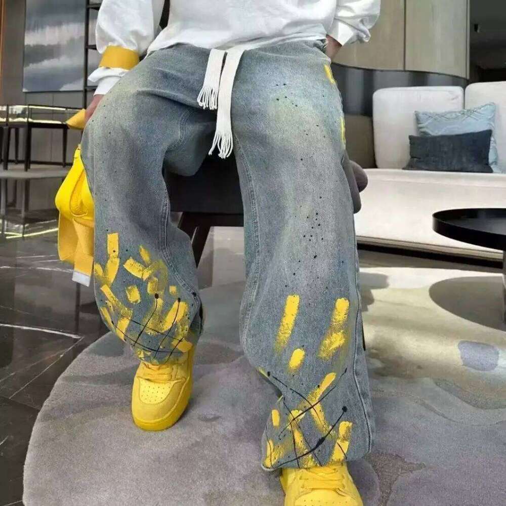New Washed Jeans for Autumn Winter Men Hand-painted Inkjet Print Fashionable and Versatile Old Casual Straight Pants Z260227