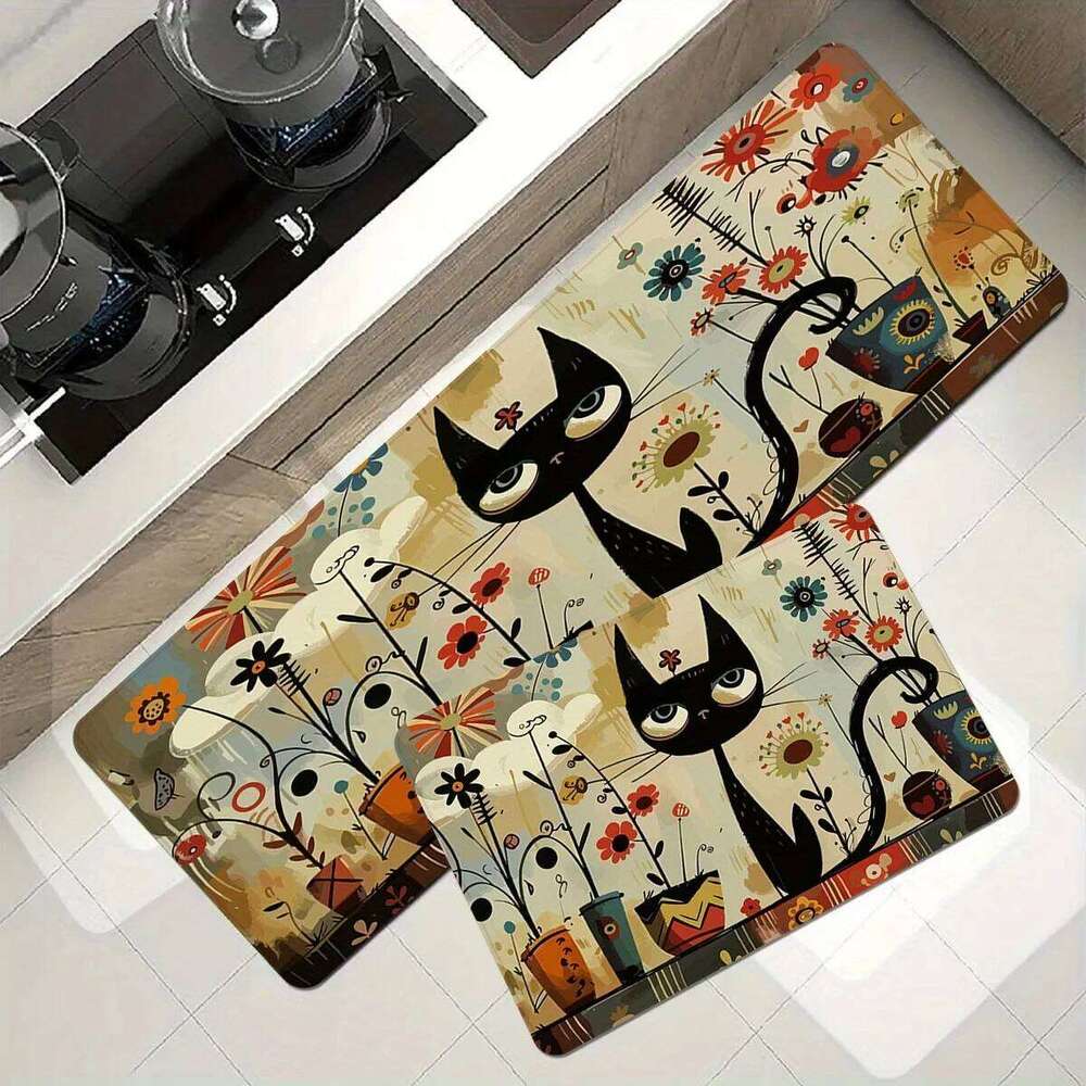 VIKAMA Black Cat Pattern Kitchen Long Waterproof Bathroom Mat Rug Bedroom Carpet For Live Room Home Decoration H260226-image-1095646142