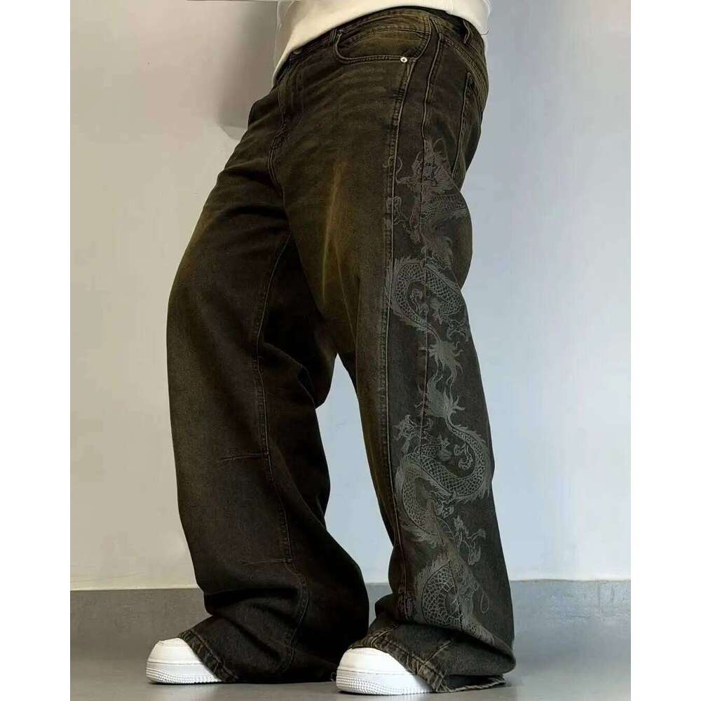 2025 New Harajuku Washed Brown Wide Leg Jeans Women Men Retro Dragon Print Trousers High Street Fashion Vintage Distressed Denim Z260227