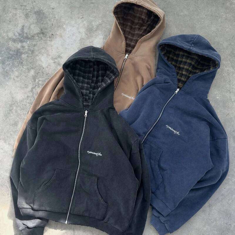 American-style cross-border autumn and winter trendy casual checkered reversible washed cardigan hoodie sweater Z260226
