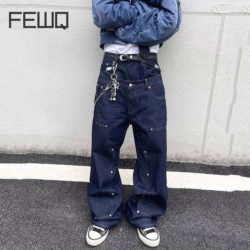 FEWQ High Street Jeans pour hommes Lavage Couleur unie Rivets en métal Double ceinture Jambe large Droite Lâche Pantalon en denim pour homme 24K5