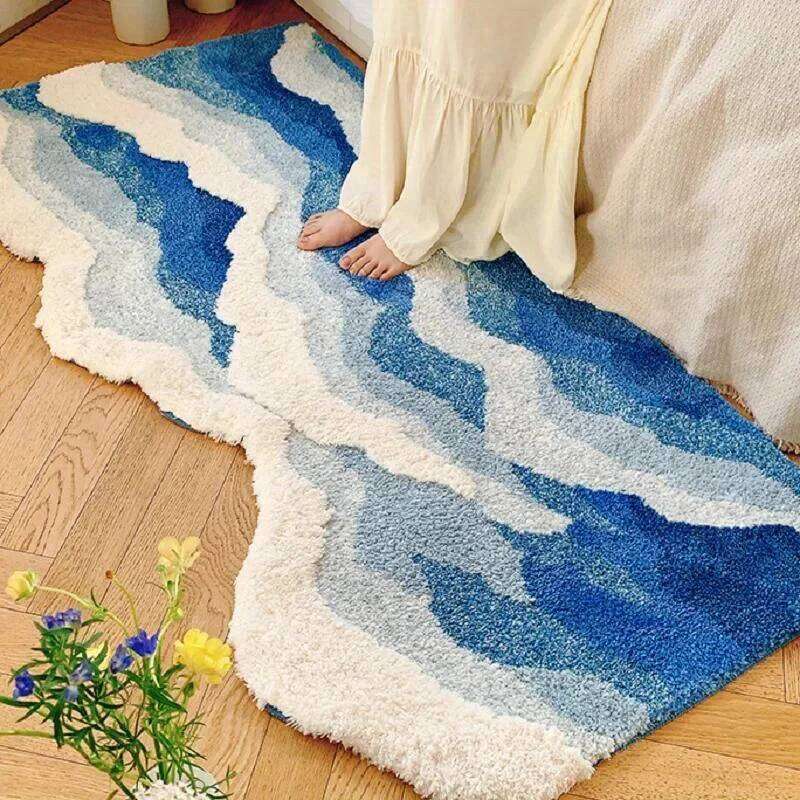 Blue Sea Wave Flocking Bedroom Rug Corridor Area Floor Pad Mat Doormat Aesthetic Home Decor H260226-image-1095646544