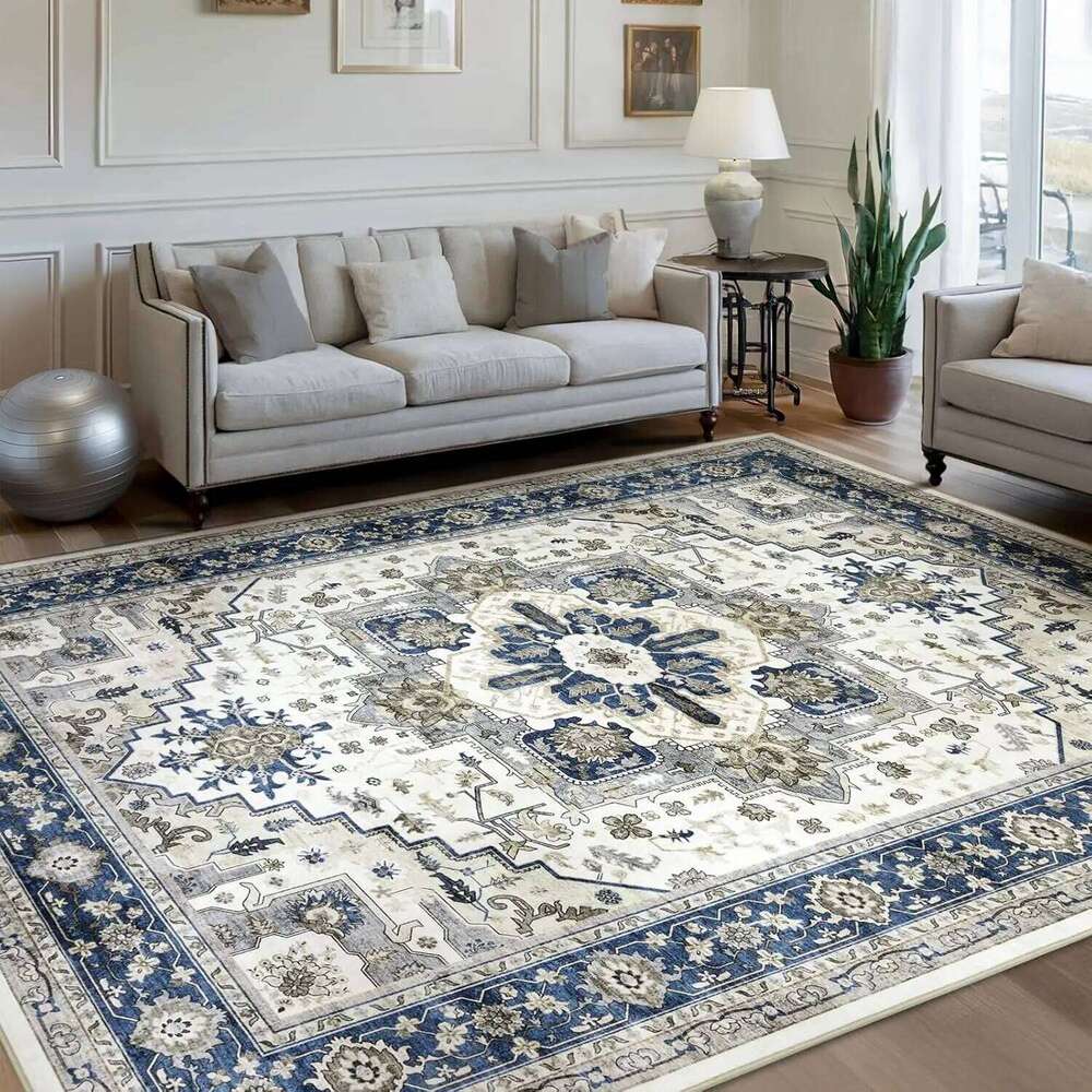Traditional PersianPattern Carpet DecorationElegant Classic Style Blue and White Geometric Flower LivingRoom Floor Mat H260227-image-1095652257