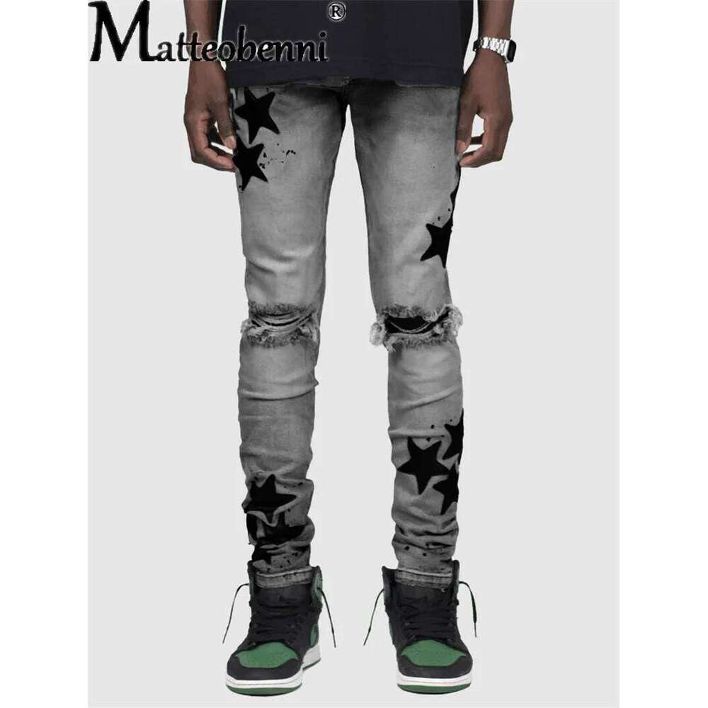 Vintage Star Print Stretch Punk Style Ripped Jeans Men's Streetwear Fashion Pocket Male Youth Daily Casual Denim Pencil Pants Z260227