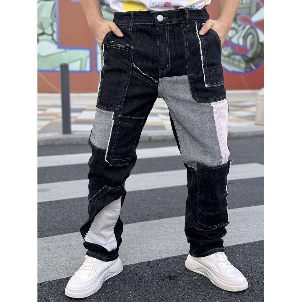 Fashionable Men's Wide Leg Jeans With Waist Cinching Trendy Black And White Checkered Patchwork Style Free Shipping On Promotion Z260227