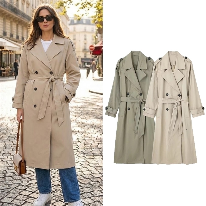 Willshela Women Fashion With Belt Solid Double Breasted Trench Vintage Lapel Neck Long Sleeves Female Chic Lady Outfits 260209CJBJ