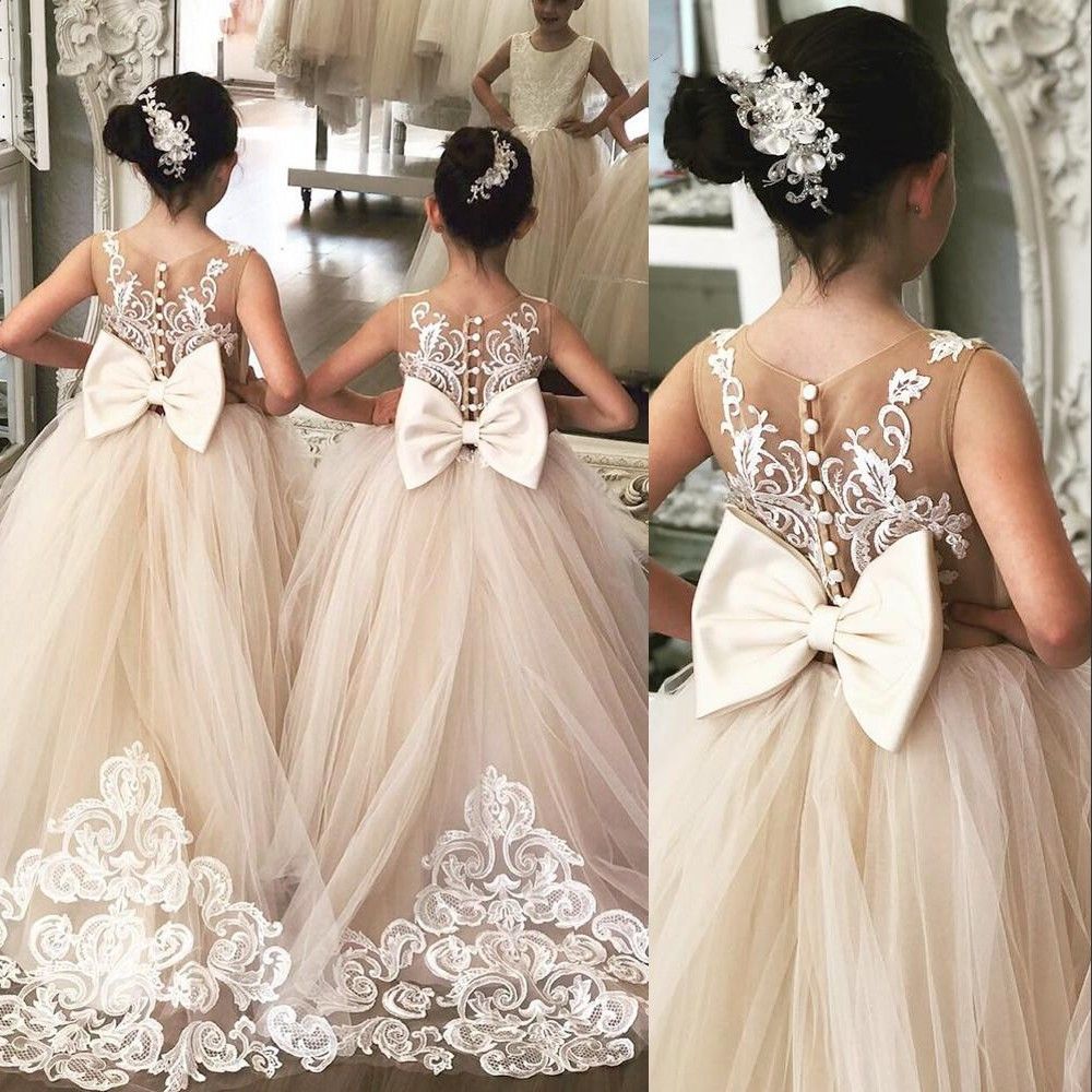 Robes de demoiselle d'honneur champagne clair, robe de bal à col bijou, appliques en dentelle avec nœud, robe de concours de beauté pour enfants,