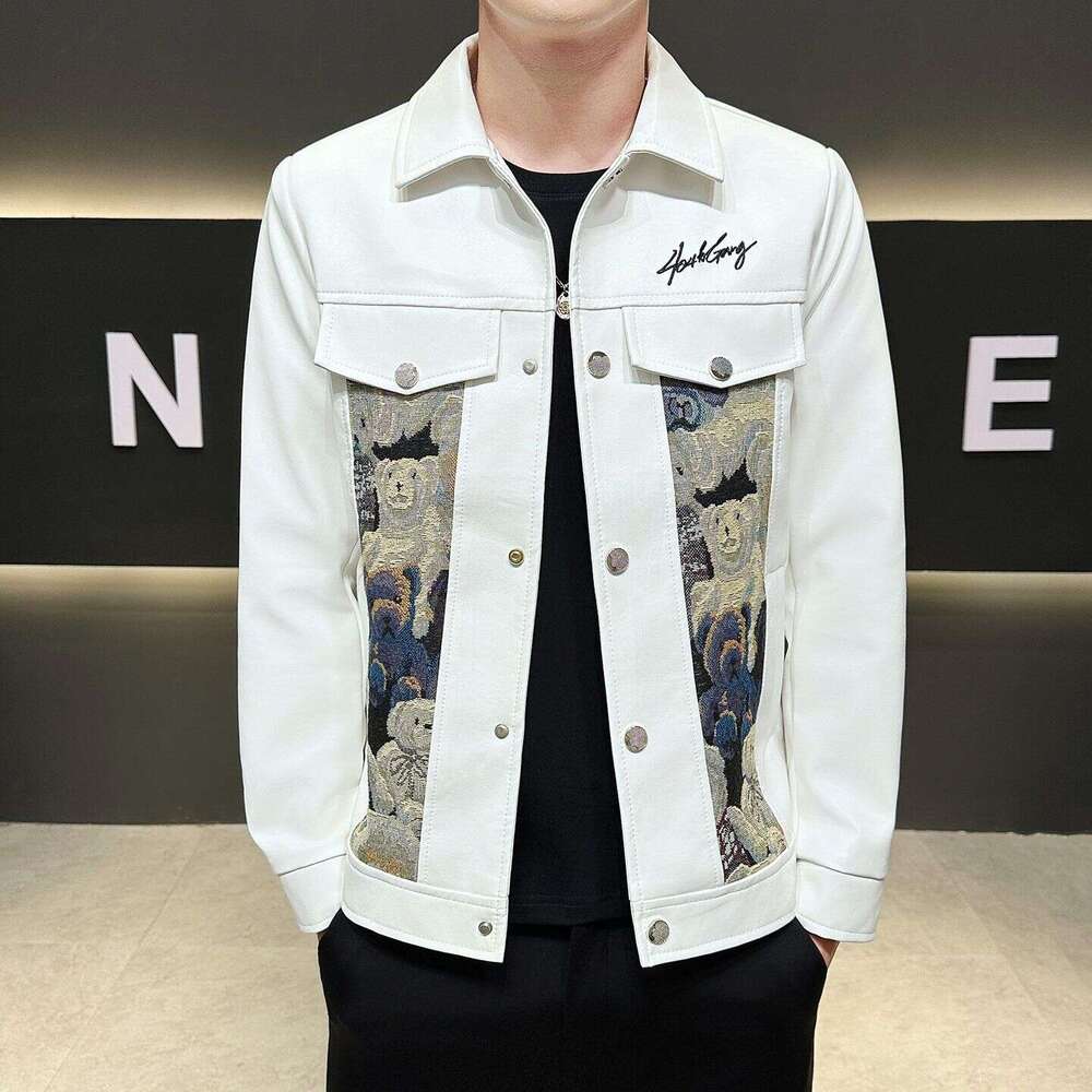 Jacket Autumn Winter Men Casual White Denim Style Jacket With Bear Jacquard Patchwork Design Snap Button Front Short Coat For Daily Commute