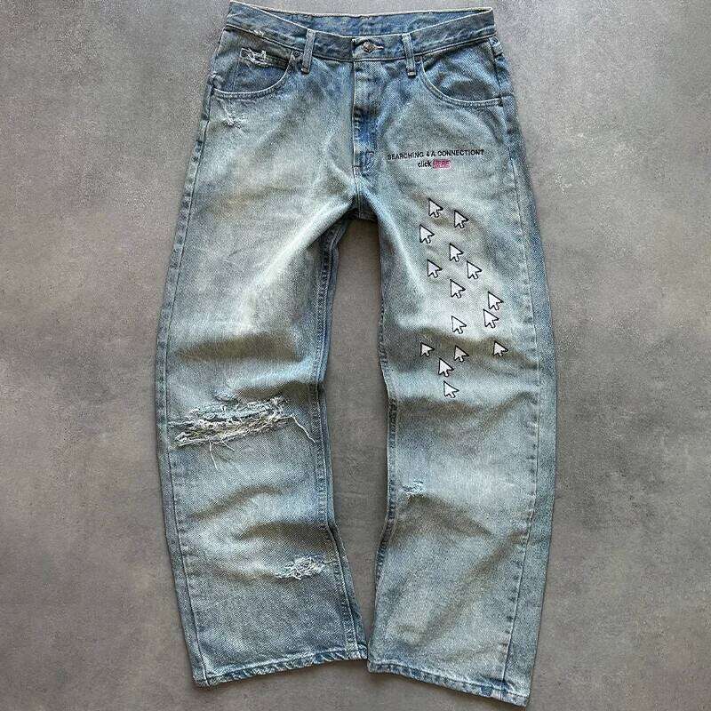 Y2K Jeans vintage Embroidered Text Mouse Cursors pattern Light Wash Denim streetwear Harajuku Hip Hop goth Casual wide leg Pants Z260227