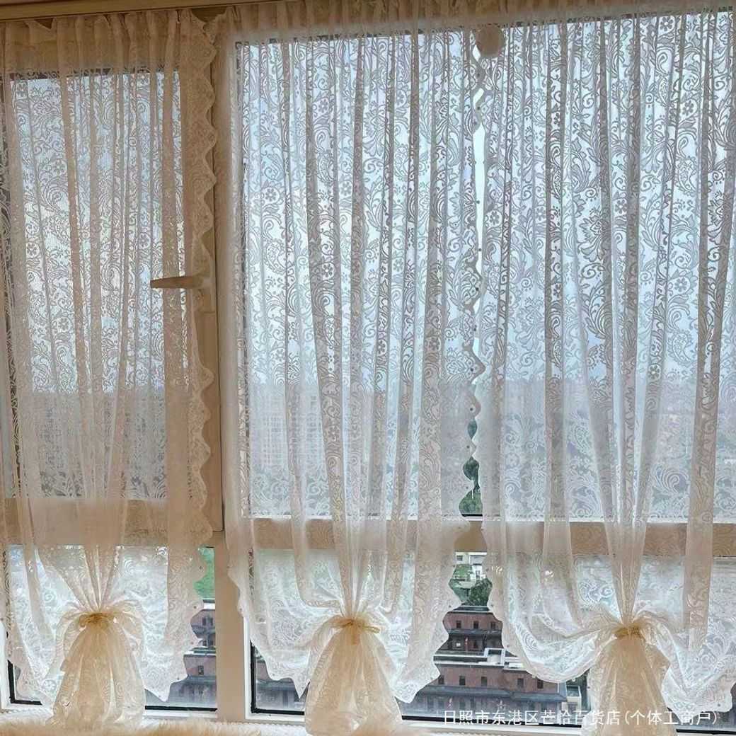 Sheer Curtains Sheer Curtain Bay Window Opening Beaded French Magic Tape No-Drill Lace Pastoral Curtain Door Curtain Partition S260227-image-1095917469