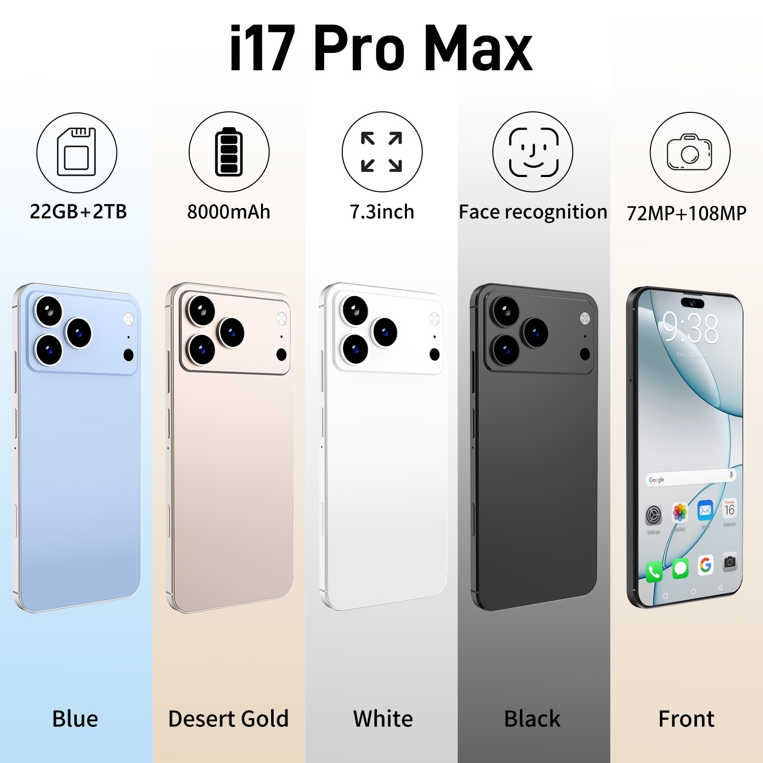 New Global version I17ProMax Original 5G smartphone Snapdragon 8 gen3 10-core 7.3-inch screen (Smart Island) resolution 1440*3200 50MP+108MP 8000-image-1096330024