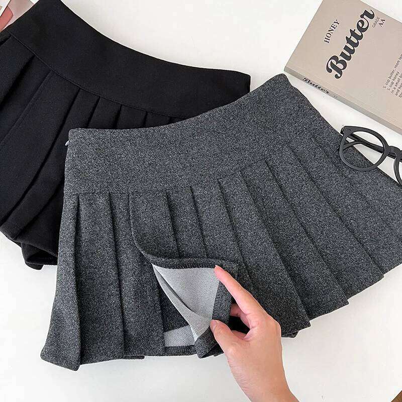 Women's Pleated Mini with Side Slit Built-in Shorts Low Rise Thick Wool Skirt Teen-girl Skort Autumn Winter Y2K Coquette L260228-image-1095801693