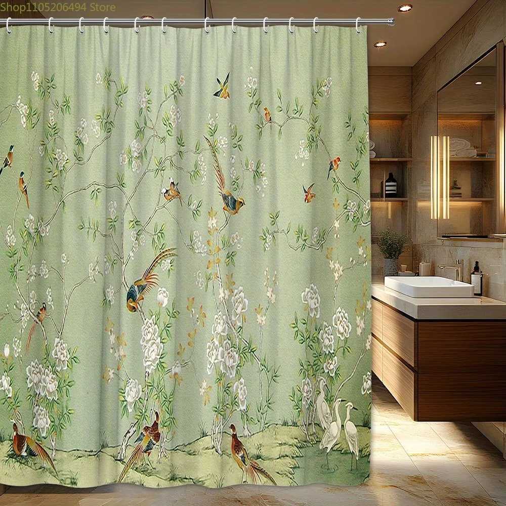 Sheer Curtains 1pc Vintage Floral Shower Curtain with Birds and Blossoms Soft Green Polyester Fabric Fashionable Woven Bathroom Decor Mach S26022-image-1095919053