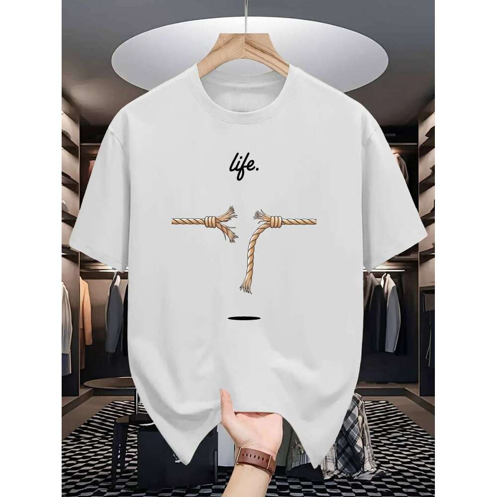 La vie d'un homme est comme un motif de corde imprimé 100% pur coton décontracté et à la mode col rond ample à manches courtes T-shirt haut C2602