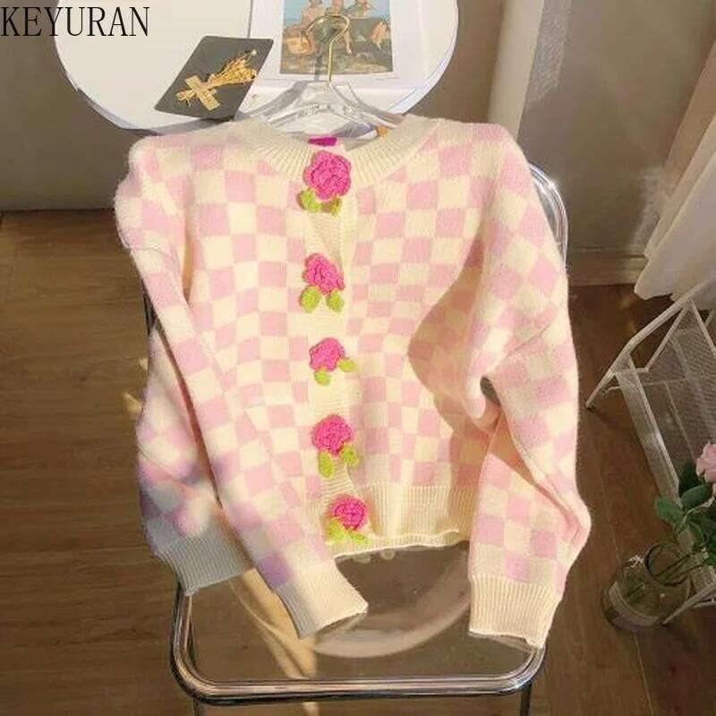 Sweet 3D Flower Pink Plaid Cardigan Sweater Coat Women 's Autumn Winter 2024 New Loose Long Sleeve Single Breasted Knitted Jacket