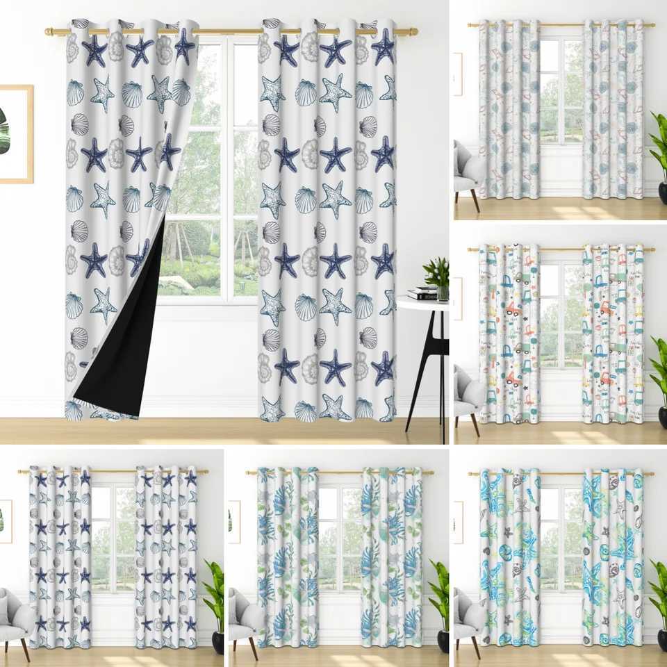 Sheer Curtains Ocean Theme Blackout Curtains for Kids Room Starfish Seashells Seaweed Print Black Lining Interior Curtains for For Living Room S2-image-1095918693