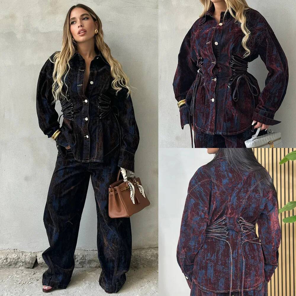 2025 New Suit Print Flocking Color Block Tie Belt Denim Jacket Pants Set Women Autumn Fashion Outfit dongdumaoyi