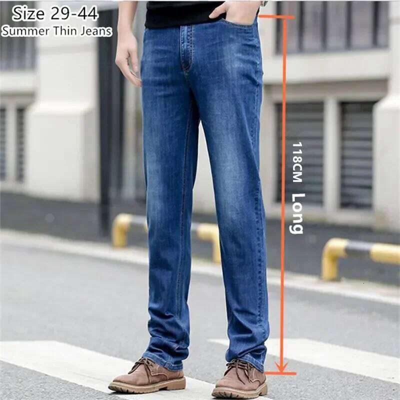 Summer Thin Tall Men Slim Fit 118CM Long High Waist Black Oversized Stretched 130KG Trousers Plus Size 46 44 42 Denim Pants Z260227