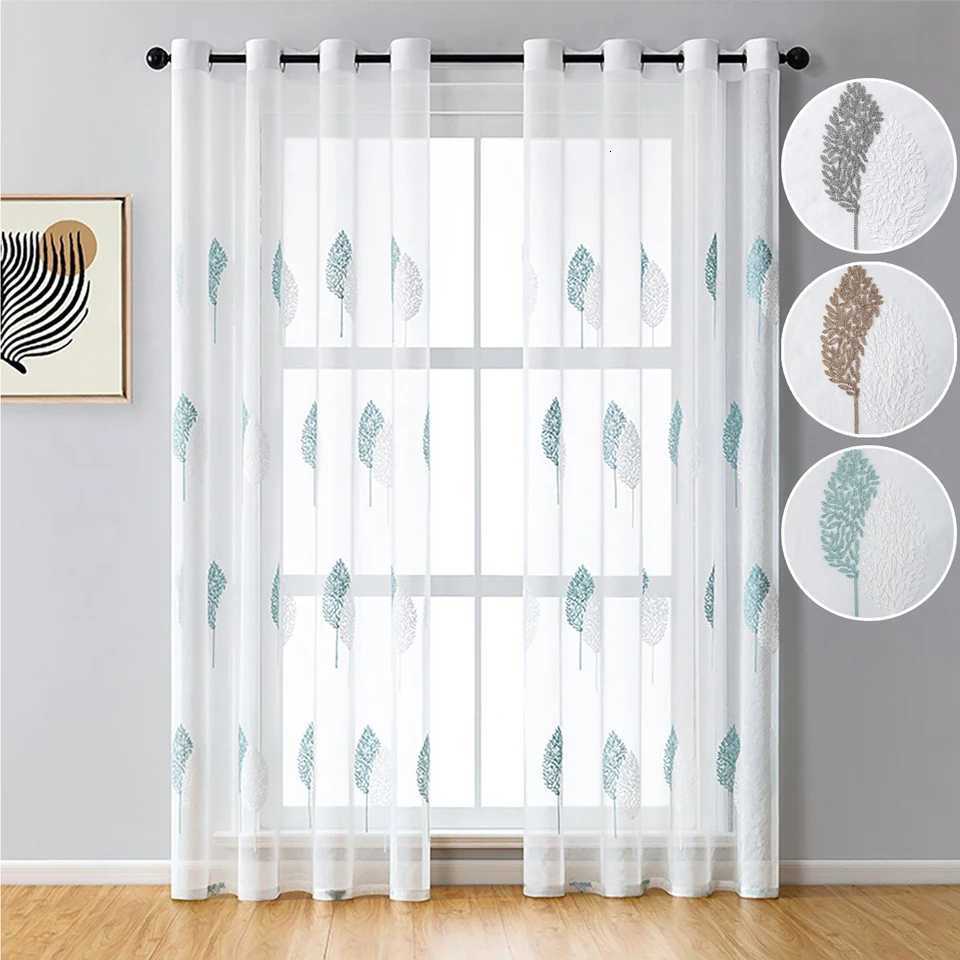 Sheer Curtains 2 Panels Long Sheer Curtain Embroidered Leave Window Drape Rod Pocket Heading Voile Valances Home Decor for Bedroom Living Room S2-image-1095918733
