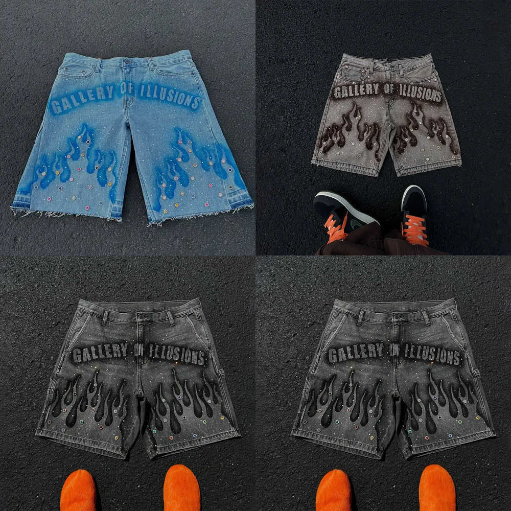 Y2K Vintage Distressed Jeans Flame Pattern Rhinestone Decoration High Waist Denim Shorts Fashion Men Women Hip Hop Streetwear Z260228TE7F