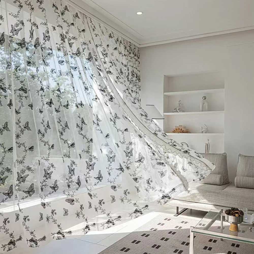 1pc Black Butterfly Embroidered Sheer Curtains Light Filtering Semi-Transparent Voile Nordic INS Style Drapes for Living Room S260227-image-1095843228