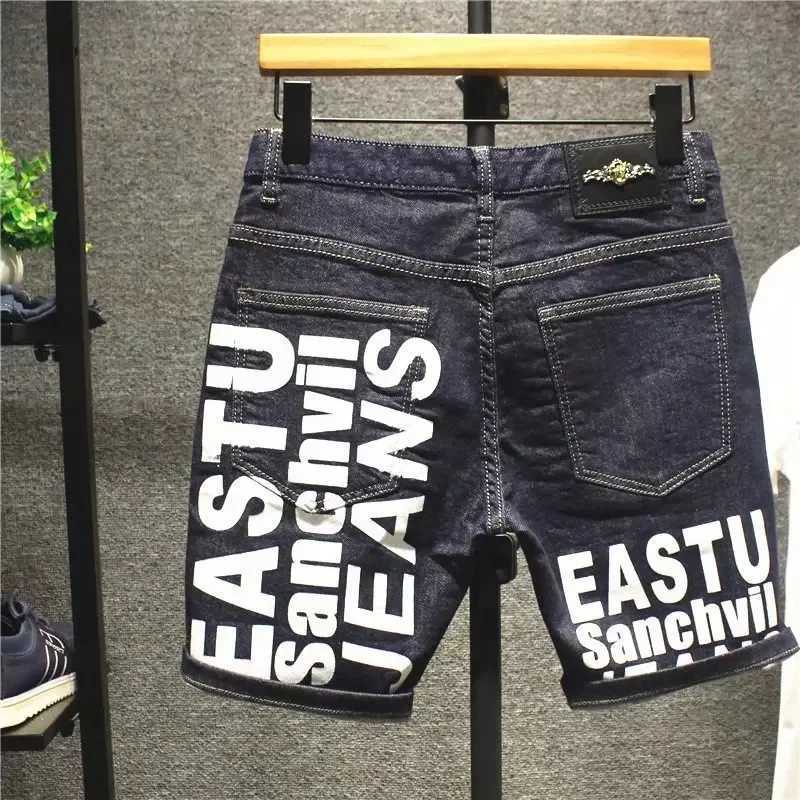 Summer 2023 New Korean Letter Printed Luxury Fashion Slim Jeans Classic Cowboy Men Casual Blue Boyfriend Street Classic Shorts Z260228