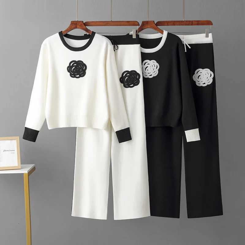 Women's Floral Knit Two Piece Set, Casual Long Sleeve Sweater & Wide Leg Pants for Spring AutumnT260228