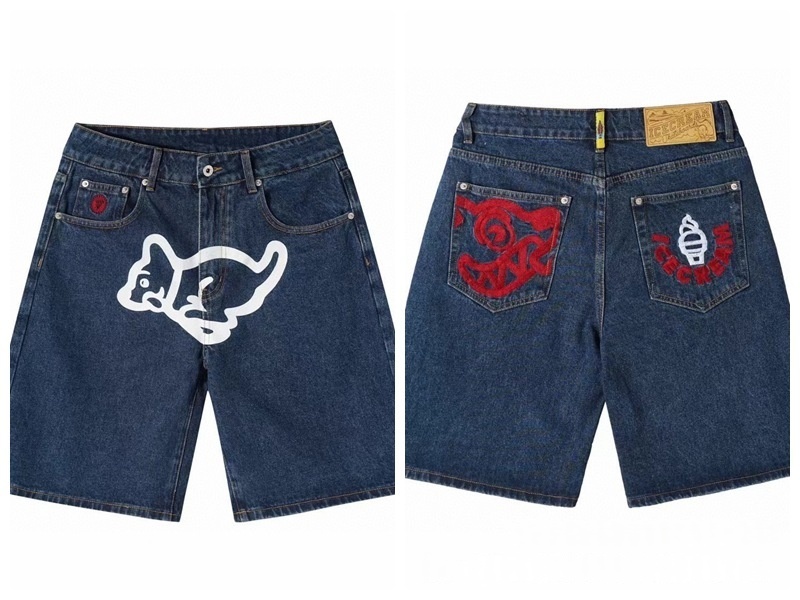 Shorts Flying Dog Designer Men's Jeans Baggy BBC ICECREAM Graphic Printed Y2k Pants Wide Leg Loosen Fit Denim Clothing For Male Jorts tops