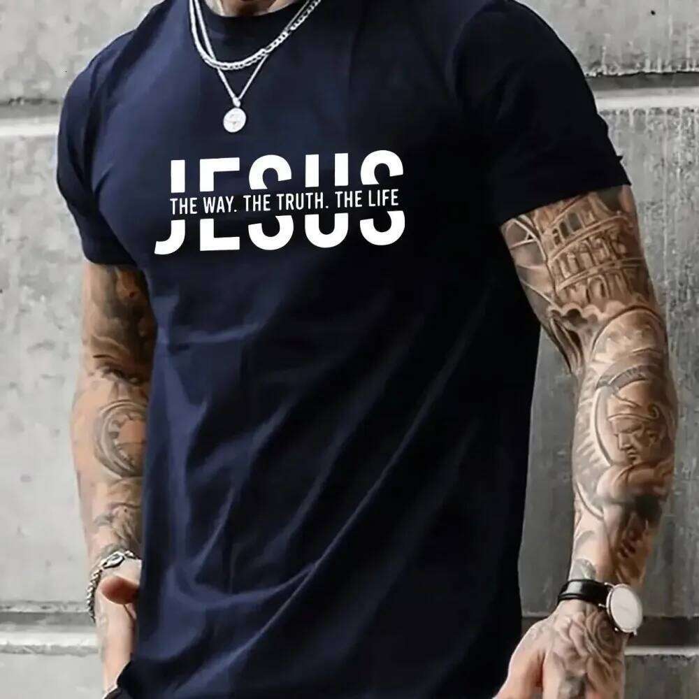 T-shirt col rond décontracté en fibre de polyester pour hommes d'été, ample, lettre Jesus Way Truth Life imprimée, haut de sport de plein air C26