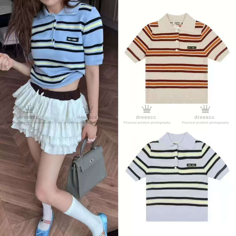 Miu style t-shirt Polos tricotés été Designer Femmes Chemise Top haute qualité Luxe Tricots À Manches Courtes Chemises Décontractées Contraste Co