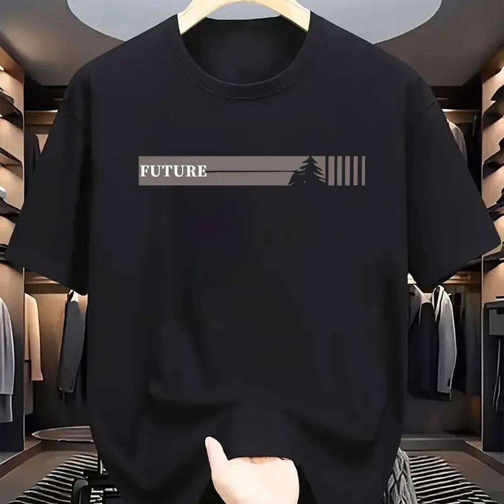 2026 Spring New Style Men's 100% Pure Cotton Casual Loose Large Size Futuristic Letter Pattern Printed Round Neck Short Sleeve T C260228